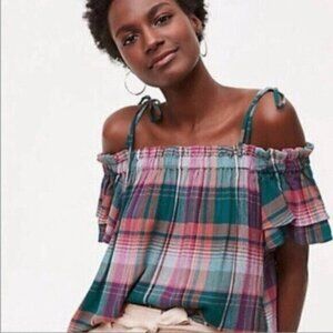 Ann Taylor LOFT | Off Shoulder Green Mauve Plaid Blouse Size Medium